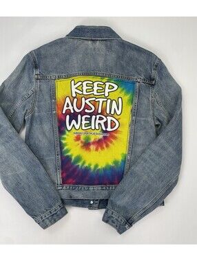 GAP Distressed Keep Austin Weird Customized Denim Jacket Size L Austin TX